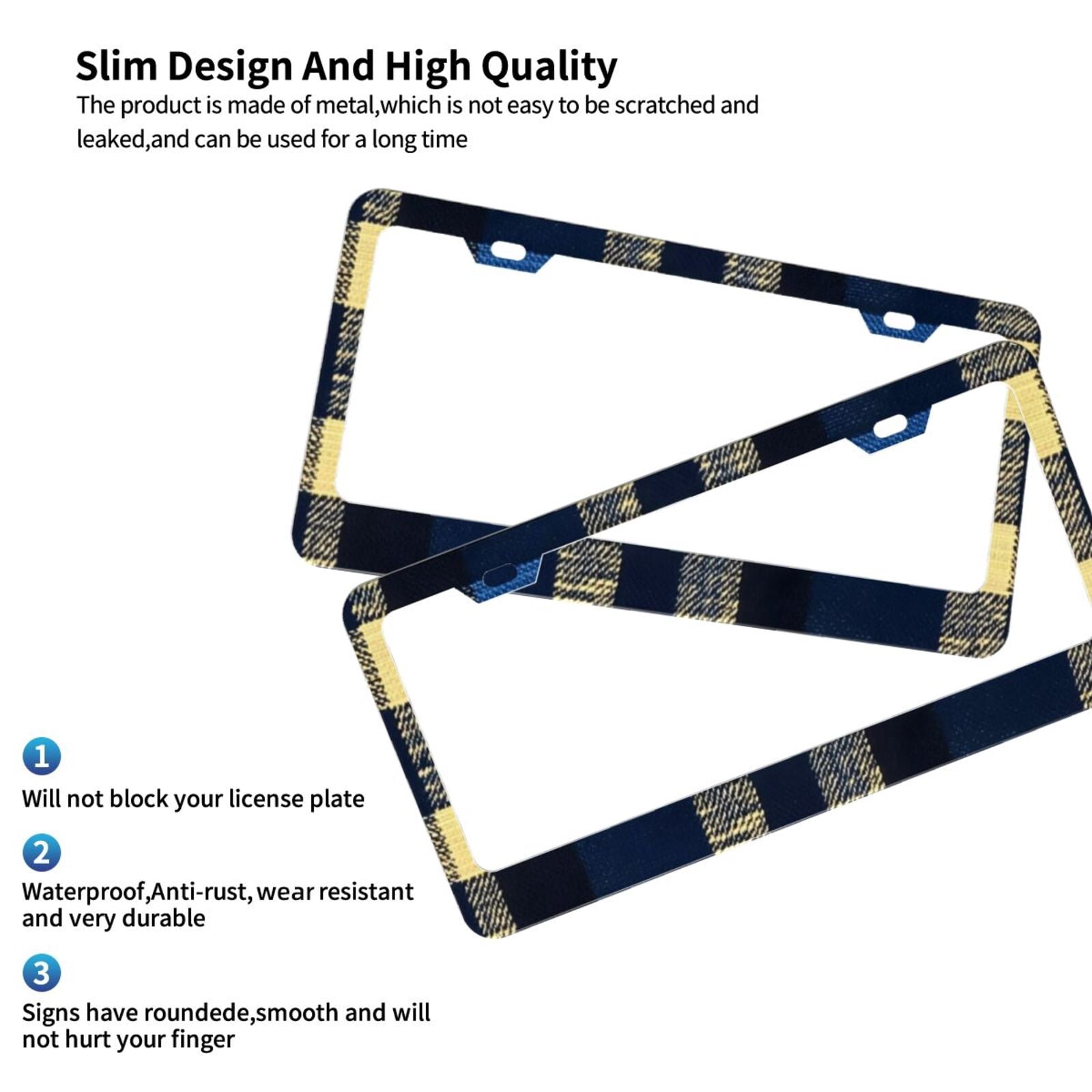 License Plate Frame With Screw Caps 2 Pack Car Plate Frame Front And Rear Rust-Proof Universal Car Tag Holder Cornflowerblue Buffalo Plaid Check Tartan Scotland_3