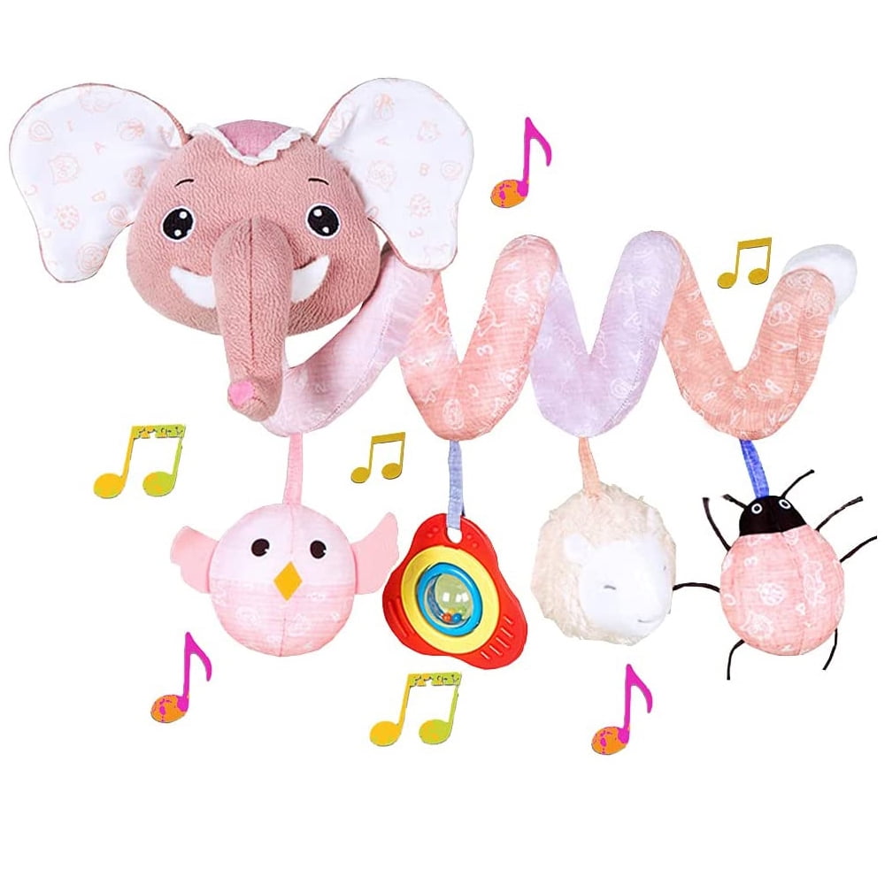 Baby Car Seat Toys, Stroller Toys, Car Seat Toys for Infants 0-6 Months, with Musical Owl Rattle Sheep Beep Ladybug Squeaker