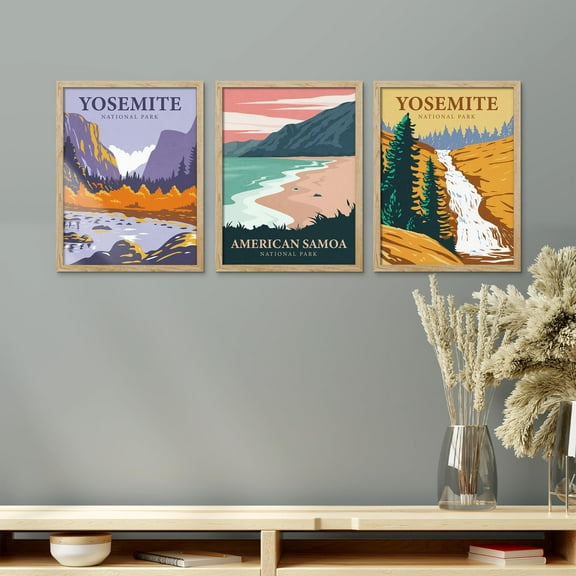 PixonSign Framed Canvas Print Wall Art Set - Mid-Century Yosemite National Park California Posters - Set of 3 Nature Wilderness Landscape Arts Abstract Wall Décor for Living Room - 12"x16" Natural