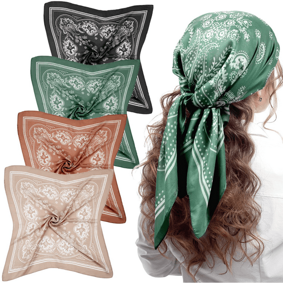 4 Pcs 27'' Square Satin Head Scarves Satin Bandanas for Women Halloween Headband Silk Feeling Scarves Boho Headwear