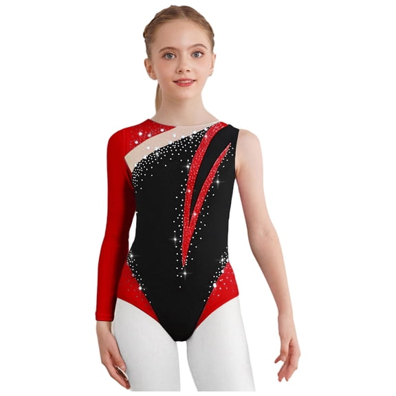 YiZYiF Girls Ballet Gymnastics Leotard Rhinestones Asymmetrical Contrast Color Athletic Bodysuit Burgundy 6