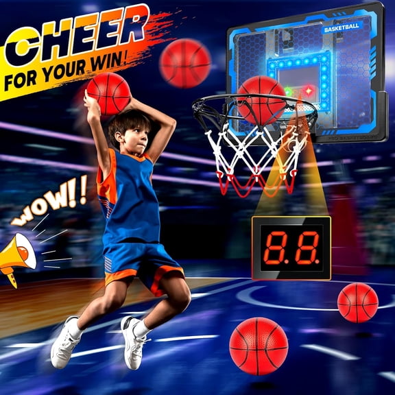 Indoor Basketball Hoop Pro for Kids, Over The Door Basketball Hoop with LED Light/Scoreboard/4 Balls- Upgraded Anti-Impact Backboard, Basketball Toys Gifts for 6 7 8 9 10 11 12 Year Old Boys