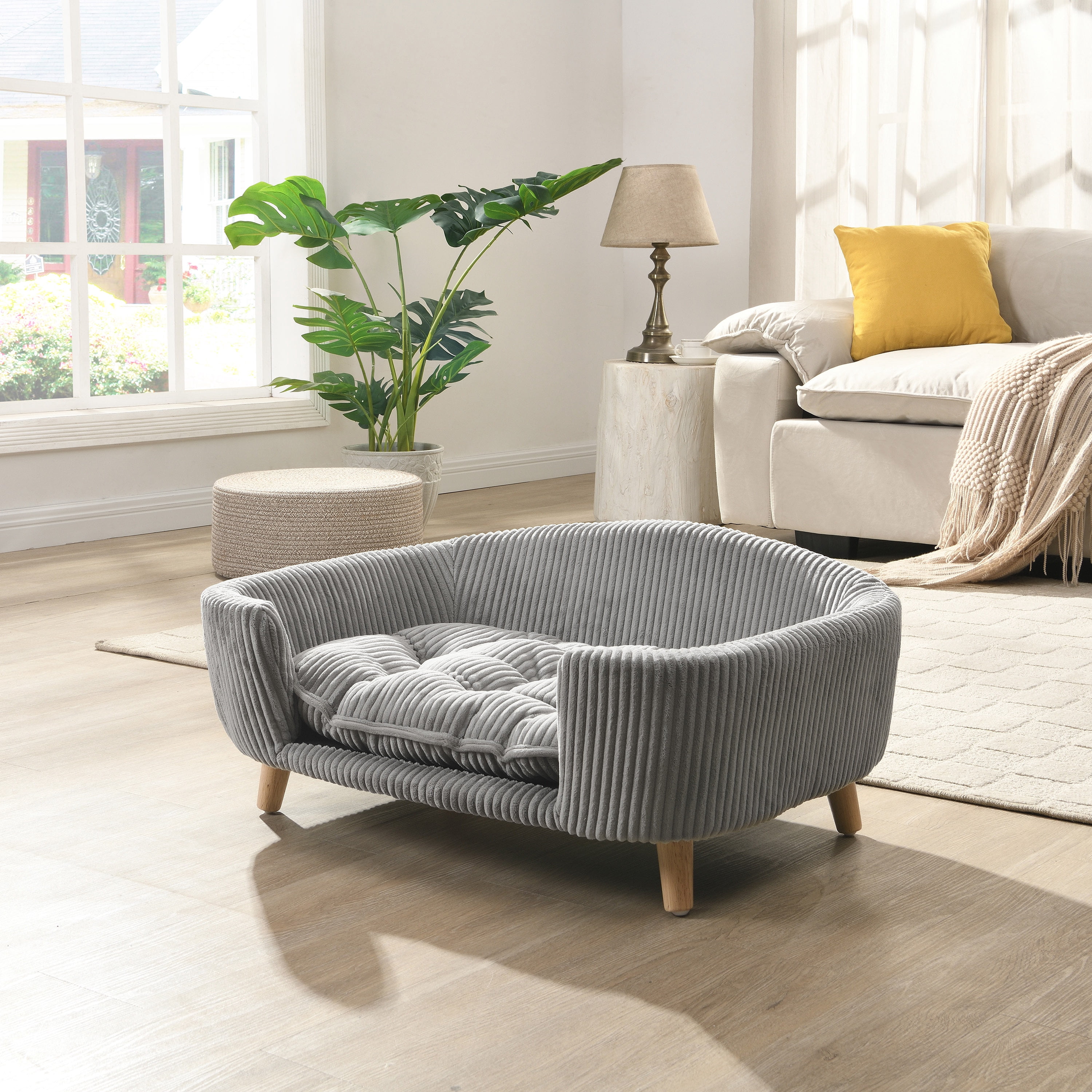 FFZ Elevated Dog Bed Frame Small Corduroy Pet Couch Rubber Wood Legs Supportive Foam Grey Assembly