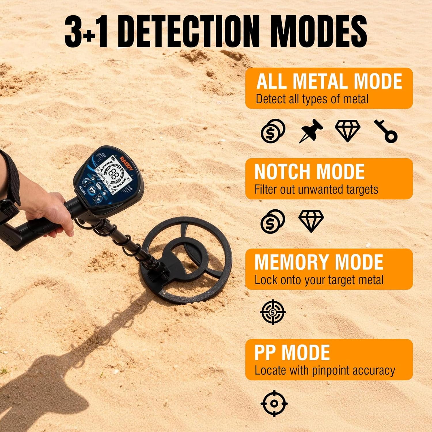 Raddy MD120A Professional Metal Detector for Adults, High Accuracy Gold Metal Detectors with 4 Modes, 10" IPX7 Waterproof Search Coil, LCD Backlit Display, Headphone, Bag, Shovel for Treasure Hunting