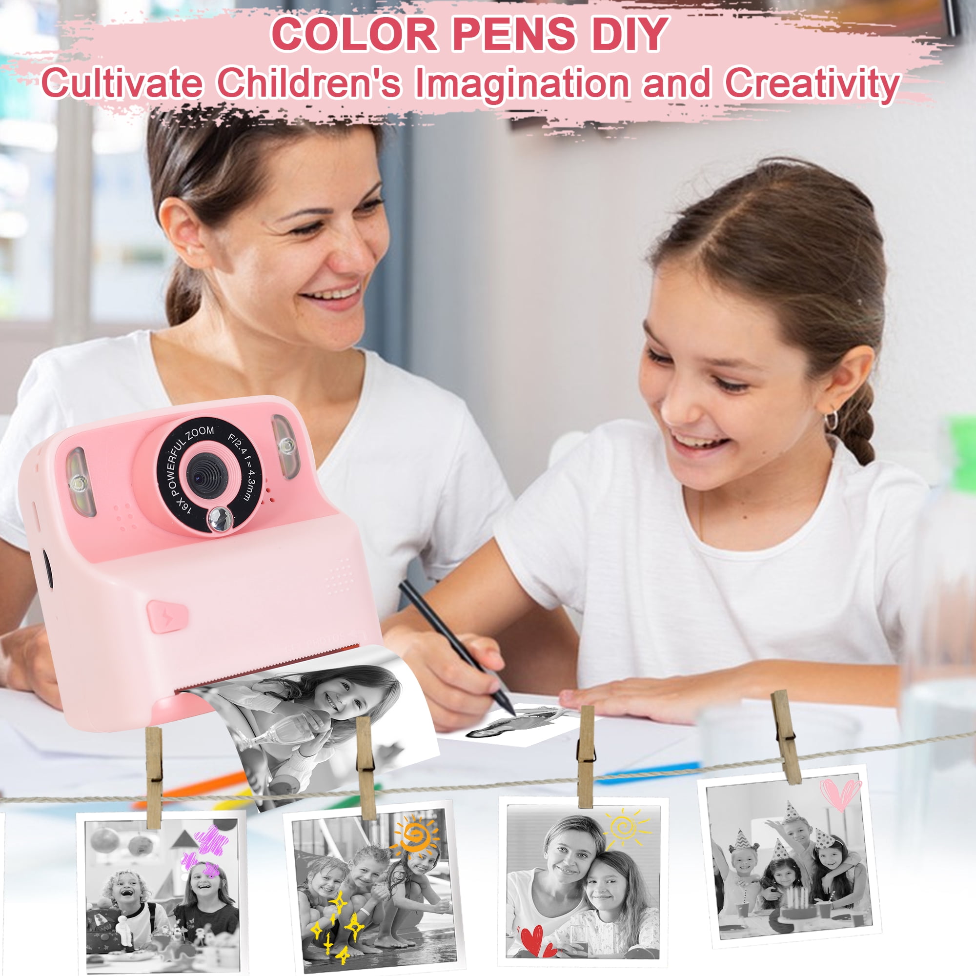 Yexmas Instant Print Digital Kids Camera 1080P Rechargeable HD Digital Toy Cameras Gift with 32G SD Card for Age 3-12, Pink