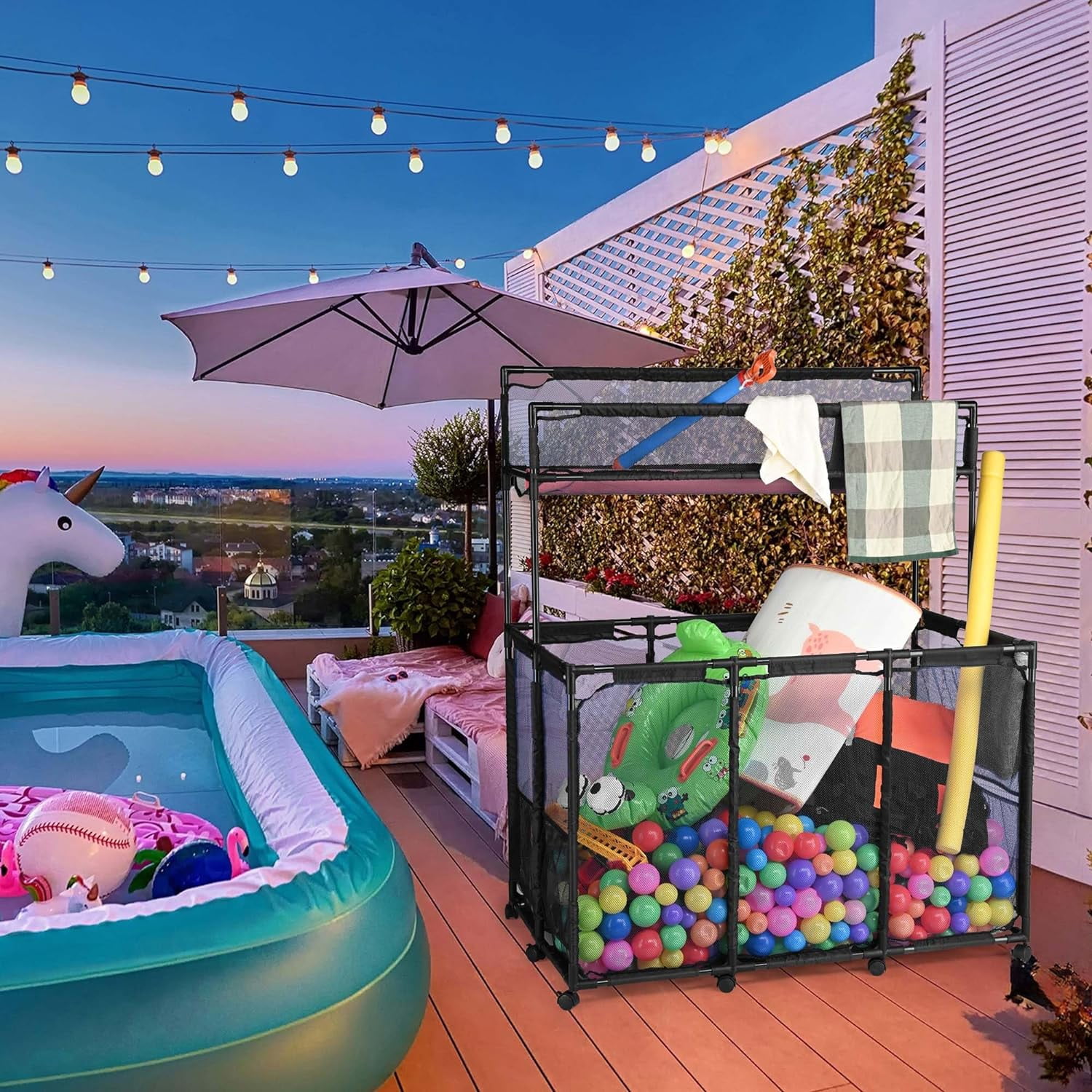 Mesh Pool Storage Organizer Bin Pool Noodles Holder Rolling Cart Double Decker with Metal Frame Noodle Rack, Extended Sturdy Connectors for Stability, XX-Large, 49" L x 30" W x 61" H, Black