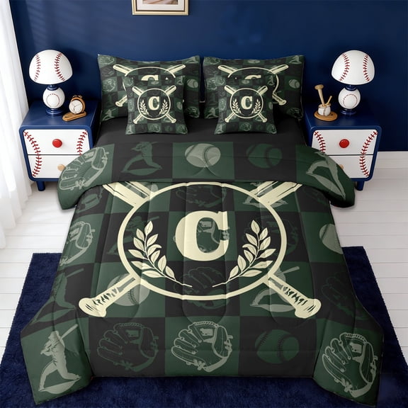 Erosebridal Kids Initial Personalized Gifts 7-Piece Twin Bedding Sets,Beige Alphabet C Bedding Comforter Set For Baseball Gamer,Reversible black