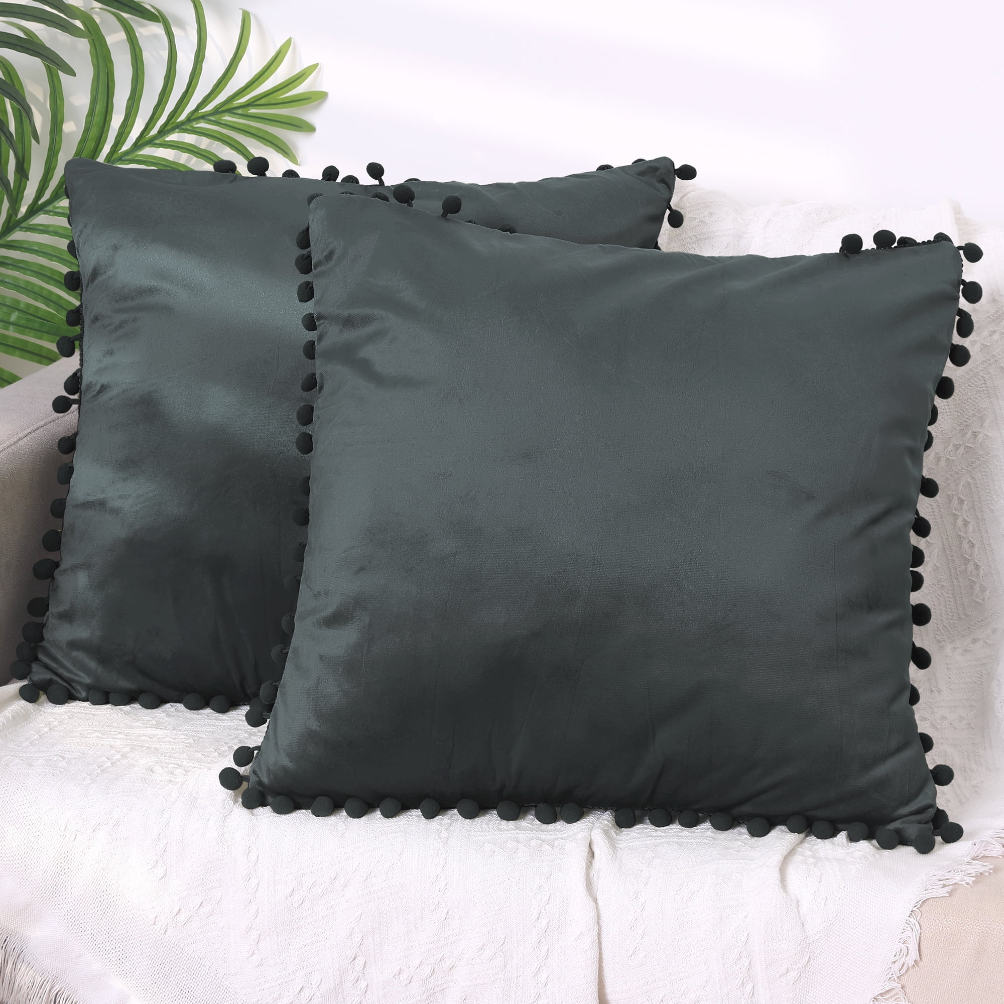 Unique Bargains 2 Velvet Throw Pillow Covers Pompoms Decorative Pillow Cases Cushion Cover Dark Gray 18" x 18"