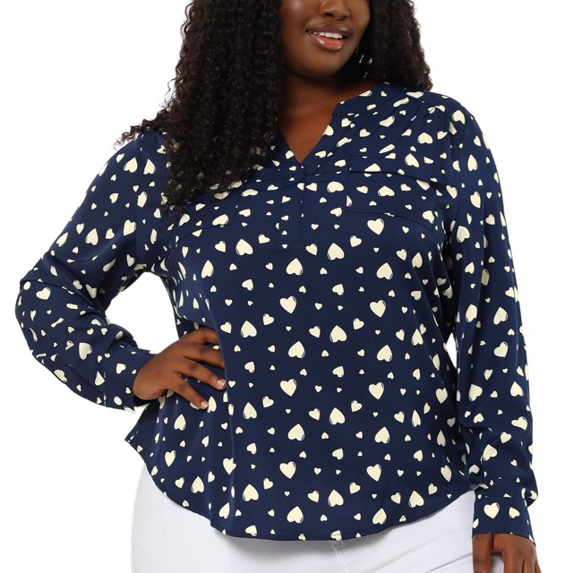 Blude talgrande pamujer, mangas enrolladas, cuello en V, dobladillo redondo, corazón estampado, top Azul 2X