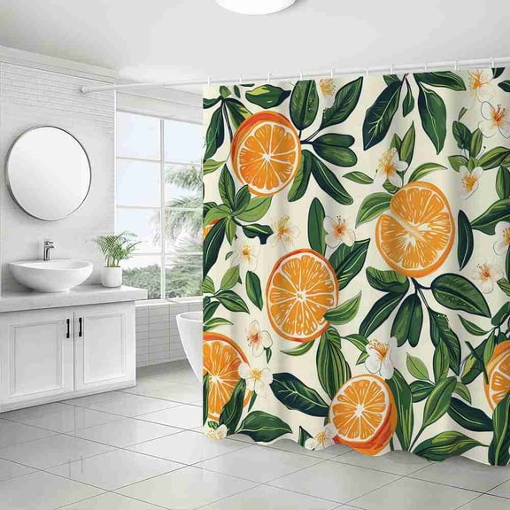 70x70 inch Fresh Citrus Orange Slices and White Floral Shower Curtain, Waterproof Polyester Fabric with Hooks for Bathroom Decor
