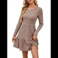 thumbnail image 2 of Vestido Corto Informal de Otoño de Larga para Mujer, de Punto Acanalado, Cuello Redondo, Fluido, Corte A, con Bolsillos Marrón S, 2 of 10