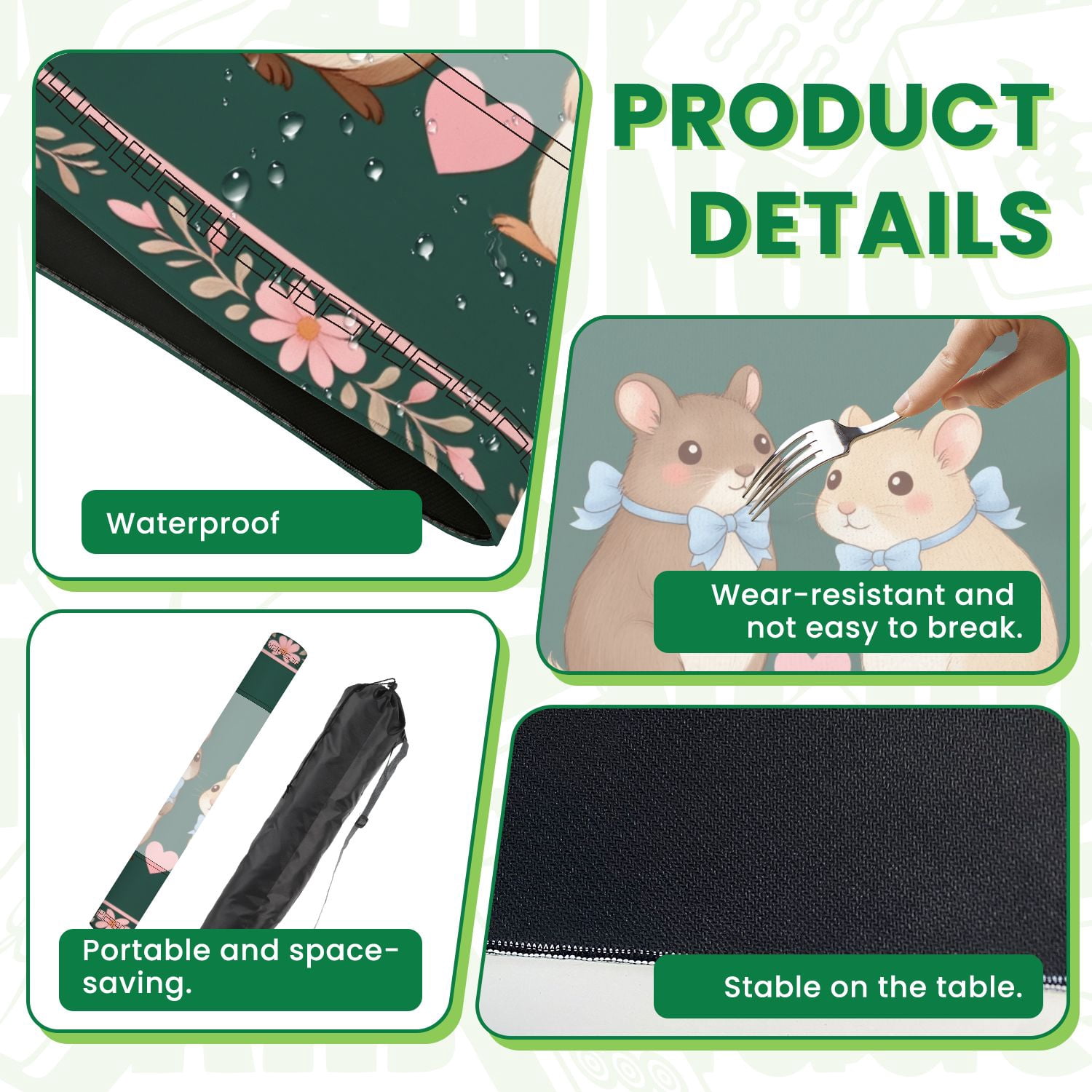 Mahjong Mat 31.5" x 31.5" Cute Hamster Pair Blue Bows Heart Illustrated Style Non-Slip Noise Reduction American Mahjong Tiles Table Cover for Dominoes Poker Card Board Games Gift