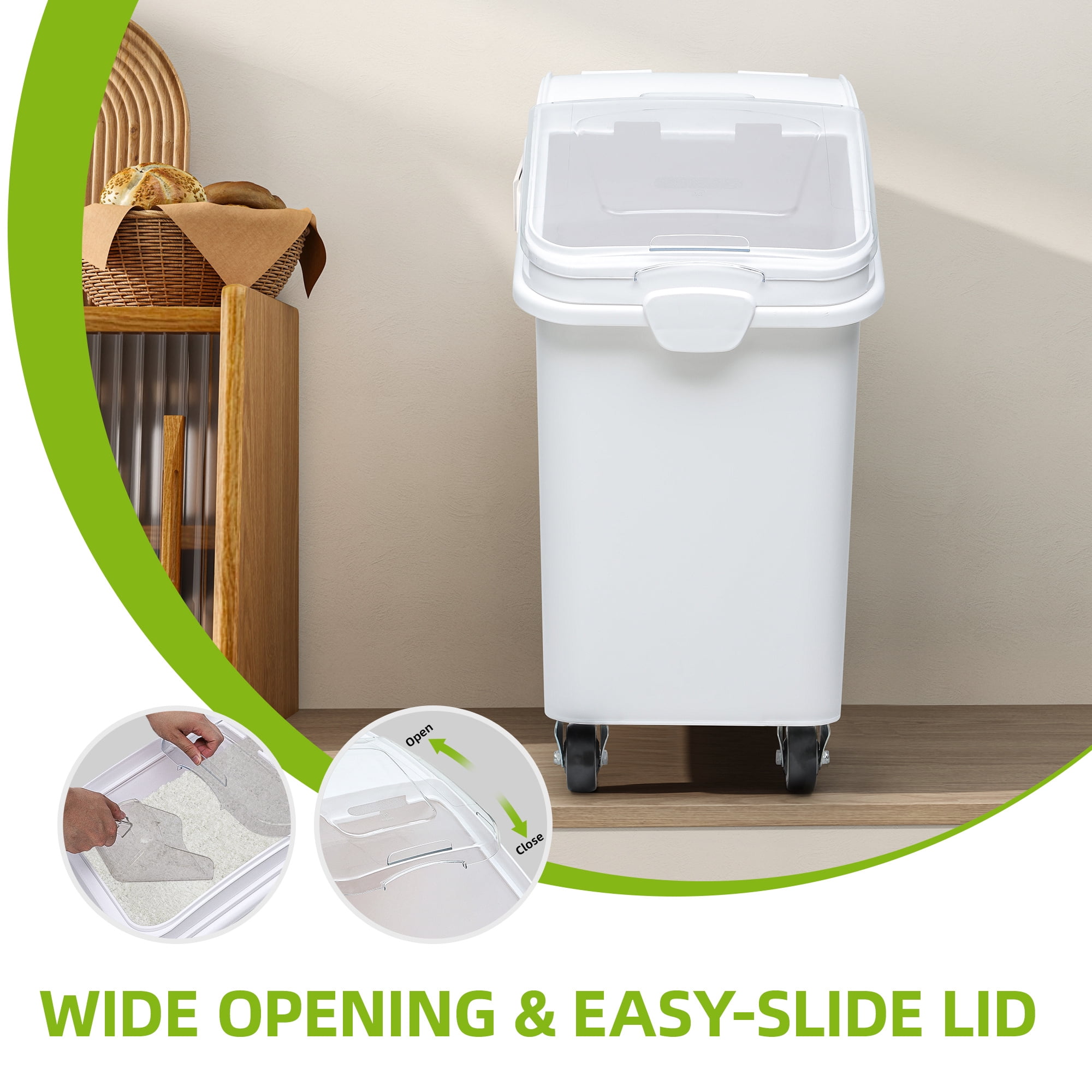 Uforic 27 Gal Large Ingredient Storage Bin, 625 Cups Commercial Food Container, Bulk Flour Storage Bin with 360° Wheels, Scoop and Lid, Kitchen Dry Food Storage Bin, White