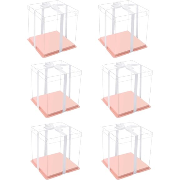pink clear cake box with ribbon,4inch 6inch cake boxes,small transparent cake box cake carrier,square cardboard cake containers clear gift boxes for wedding,birthday,party(6pcs)