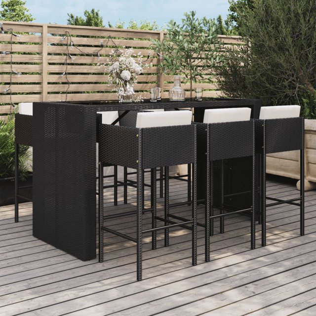 vidaXL Ensemble de Bar de Jardin 7 Pcs avec Coussins en Poly Rotin Noir