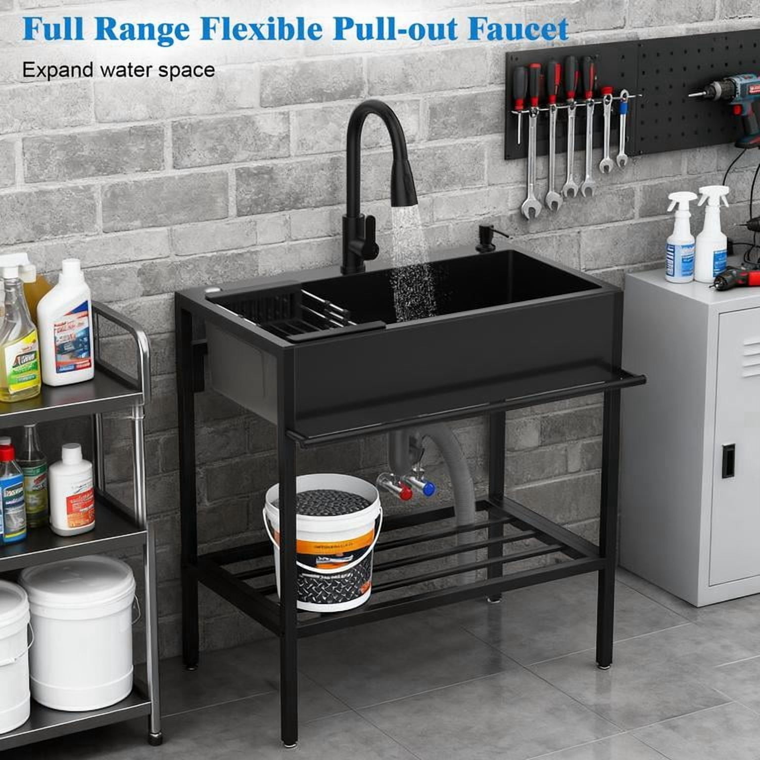 Dapmiu Black Freestanding Stainless Steel Utility Sink, Large 16 Gauge Single Bowl Commercial Laundry Sink with Faucet, Outdoor Sink for Restaurant, Garage, 30.75 x 21.65 x 35"