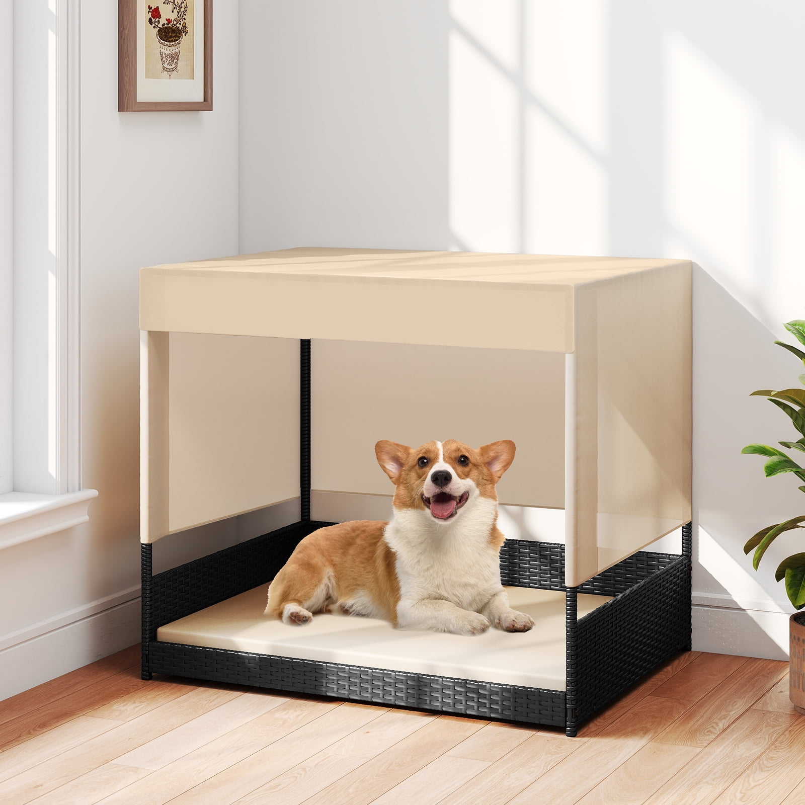Gymax Outdoor Dog Shelter w/Cushioned Bed & Removable Sunproof Canopy Raised Legs