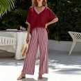 thumbnail image 3 of Bosfbaoi Two Piece Sets for Women V Neck Short Sleeve Top and Striped Wide Leg Pants Casual Womens Summer Outfits, 3 of 7