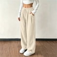 thumbnail image 4 of Women's Corduroy Wide Leg Long Pants Elastic Drawstring Waist with Pockets Soft Stretchy Loose Fit Casual Full Length Trousers for Fall Winter White, 4 of 7