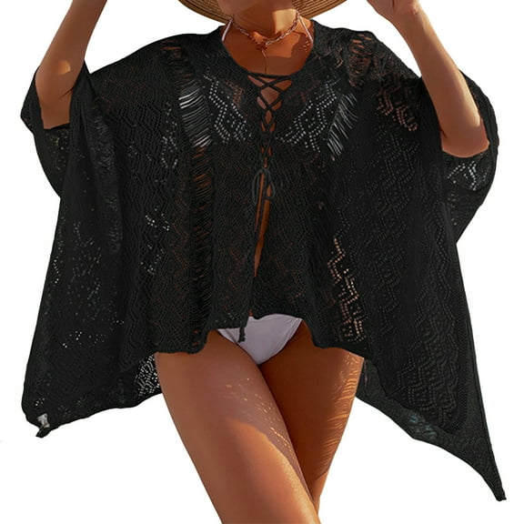 SWSMCLT Women's Crochet Swim Cover Up Lace Up Beach Dress Hollow Out Swimwear High Low Knit Knitted 3/4 Sleeve Slits Bikini Coverups Swim Bathing Suit Black One Size