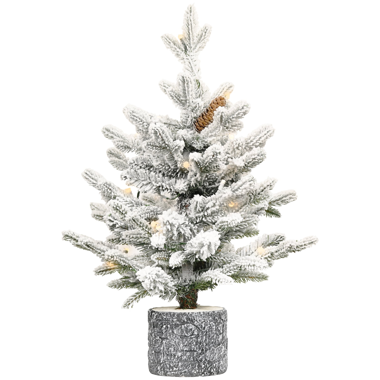Alvantor 2FT Flocked Christmas Tree with Pot Base Artificial Tree with 30 LED Lights & 3 Pine Cones & 189 Tips for Tabletop White