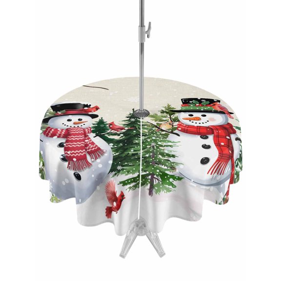 Outdoor Tablecloth with Umbrella Hole and Zipper, Beige Snowman Christmas Round Table Cloth 54 Inch Waterproof Tablecloth, Xmas Tree Snowflake Winter Birds Picnic Table Cover for Patio Camping