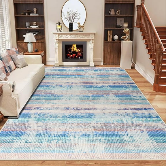 Jamfeel Abstract Area Rugs for Living Room Non Slip Kitchen Rugs Classic Printed Faux Wool Carpet, 5'x8', Blue