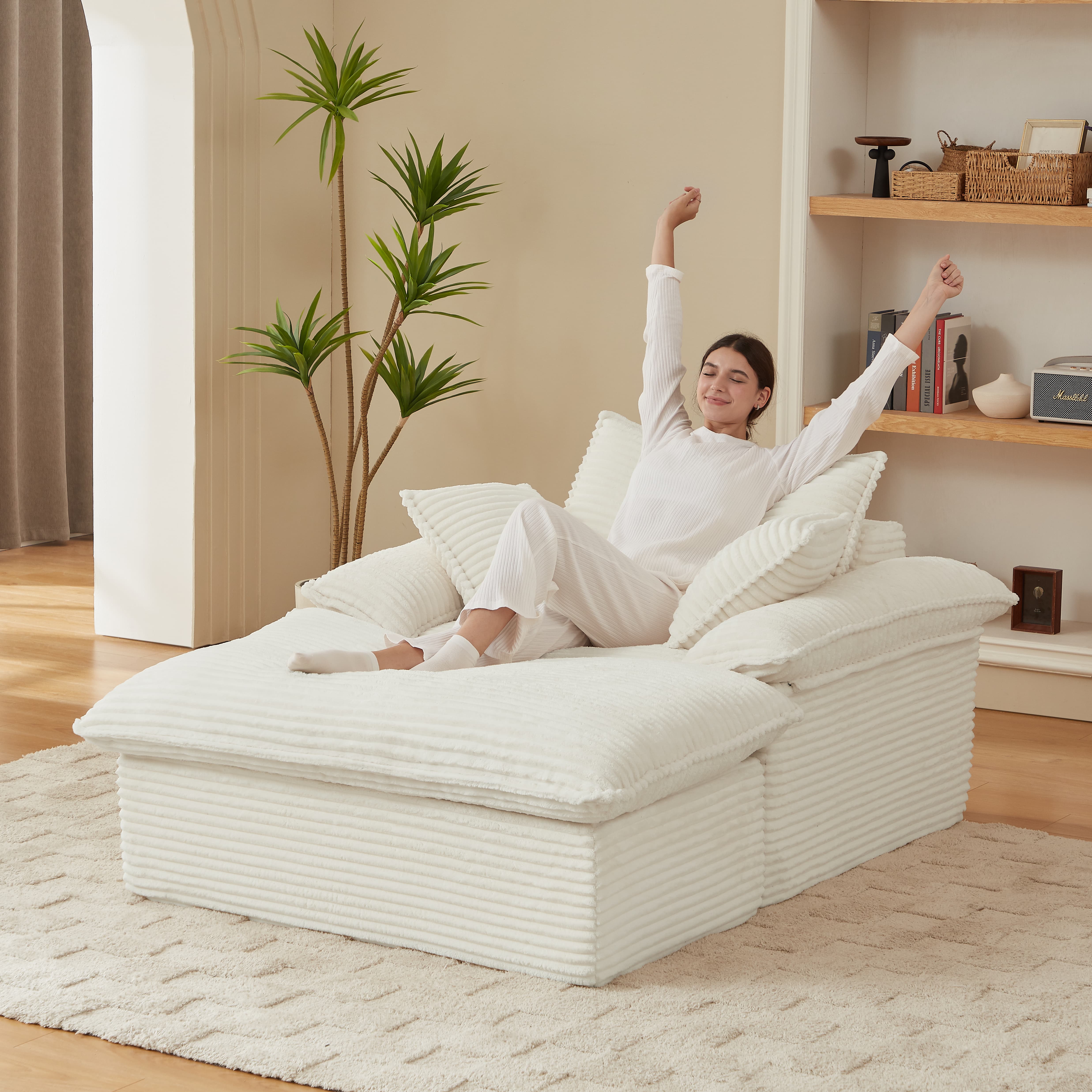 MAYEERTY White Corduroy Modular Sofa, Oversized Single Chaise Lounge with Activity Footrest for Apartment,52×71×37"