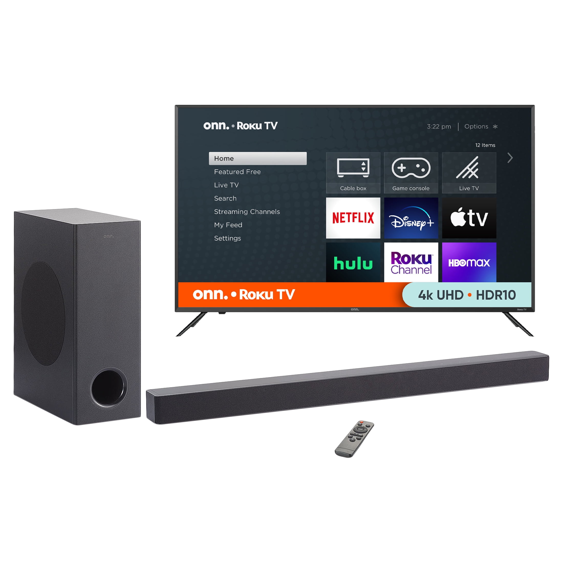 Onn. 50″ 4K Roku TV with onn. 3.1 Atmos Soundbar with Wireless Subwoofer, 37″