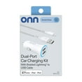 thumbnail image 4 of onn 24W Dual USB-A Port Car Charger with 3ft Braided Lightning to USB Cable, MFI Certified, White, Compatible with iPhone, iPad, Airpods and More, 4 of 11