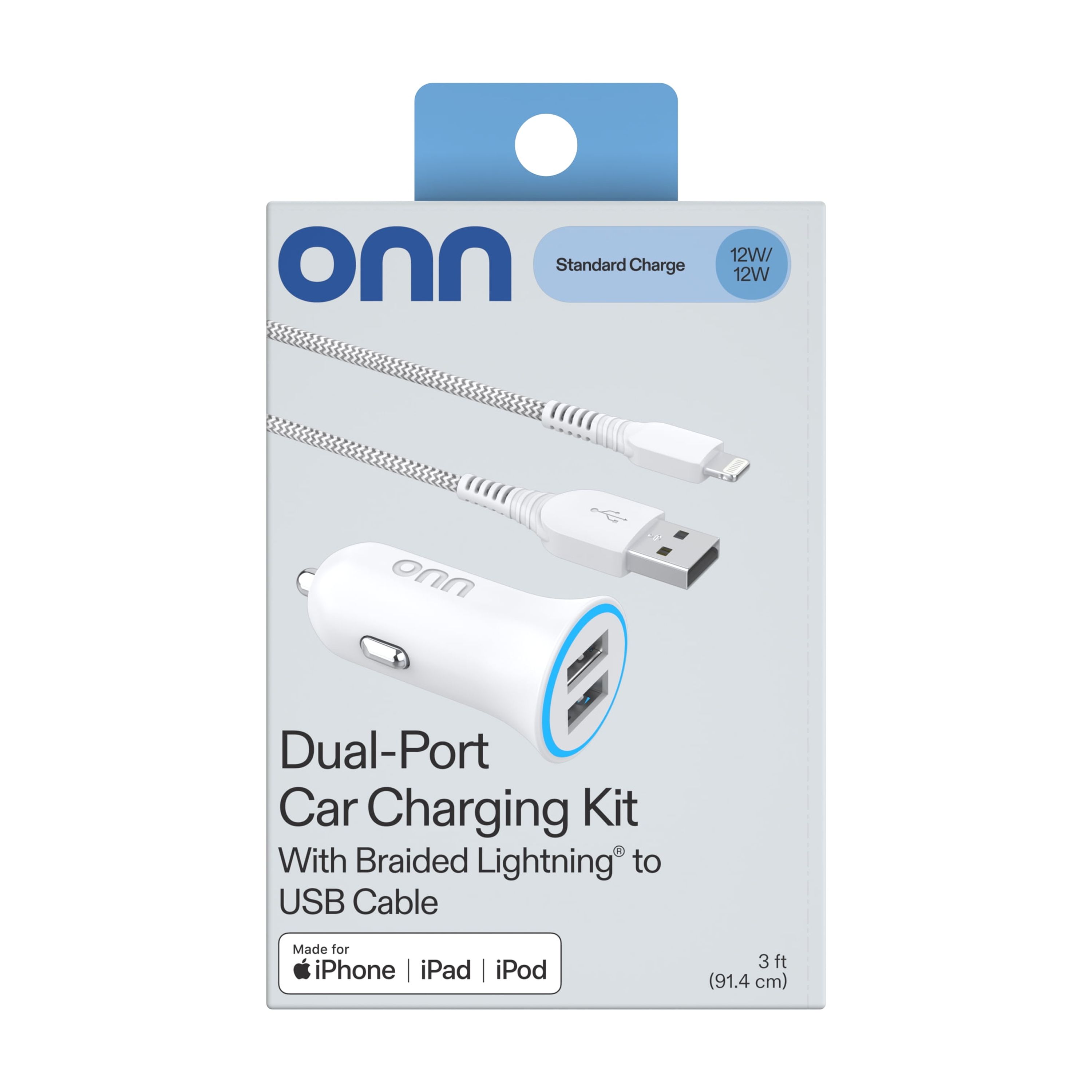 Onn 24W Dual USB-A Car Charger with Lightning Cable, White photo 3