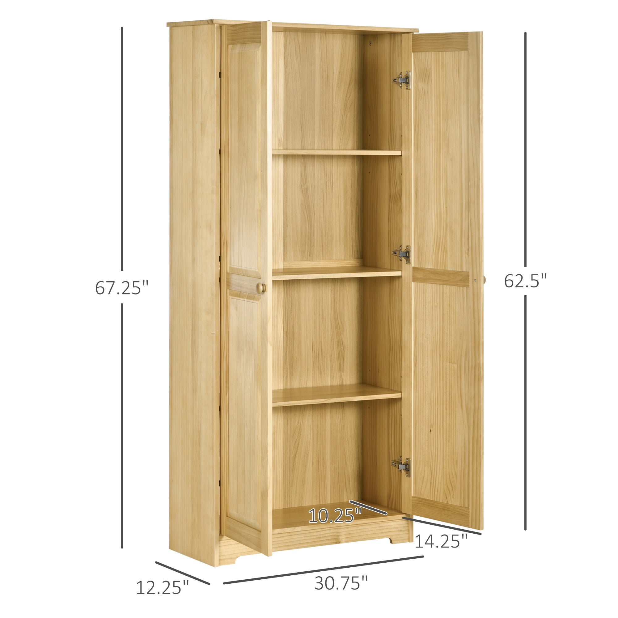 HOMCOM 67" Pinewood Kitchen Pantry Storage Cabinet, Freestanding Cabinets with Doors and Shelf Adjustability, Soft-Close Mechanism, Light Brown