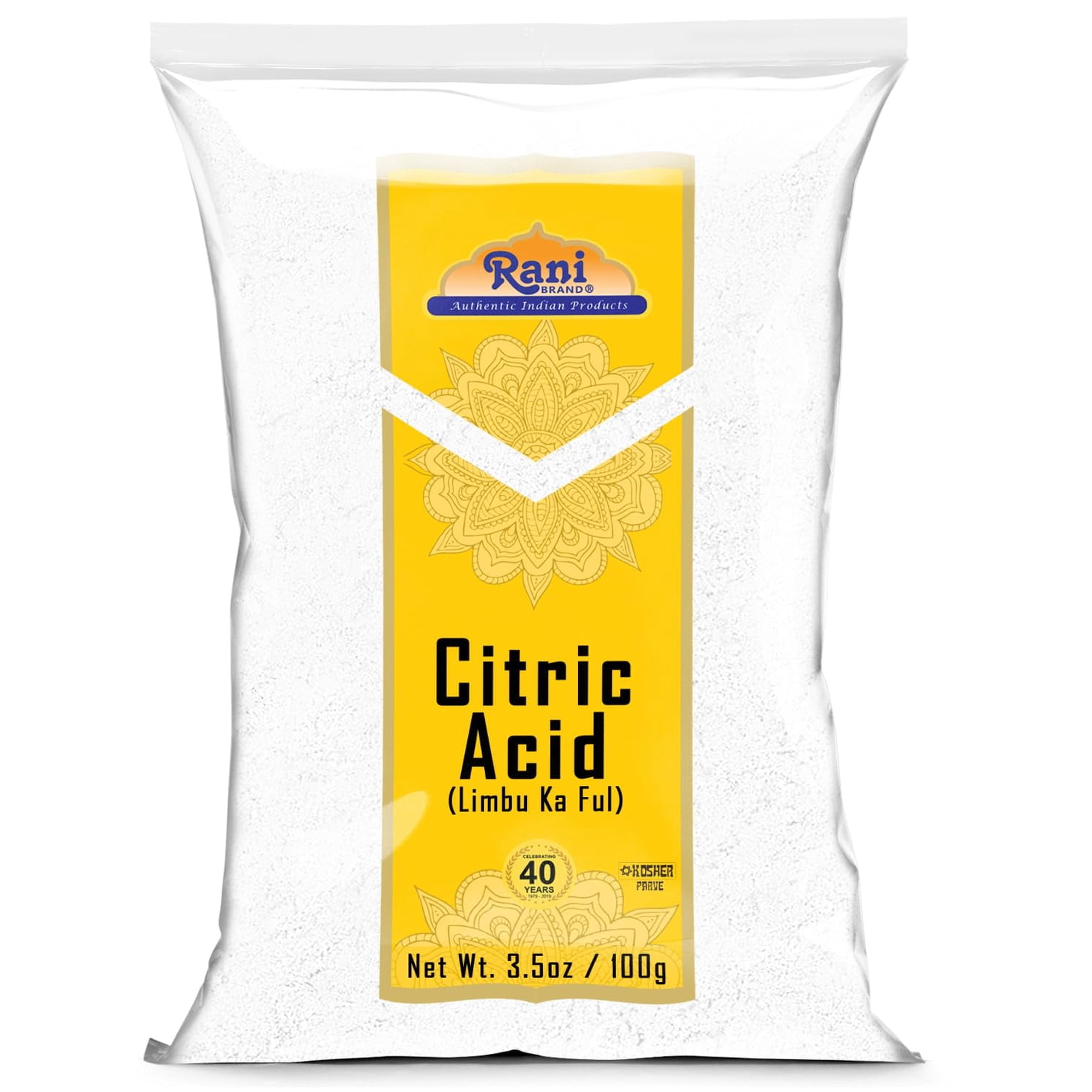 Rani Citric Acid Powder, Food Grade (Limbu Ka Ful) 3.5oz (100g) ~ Used for Cooking, Bath Bombs, Cleaning | Gluten Friendly | Kosher | Indian Origin