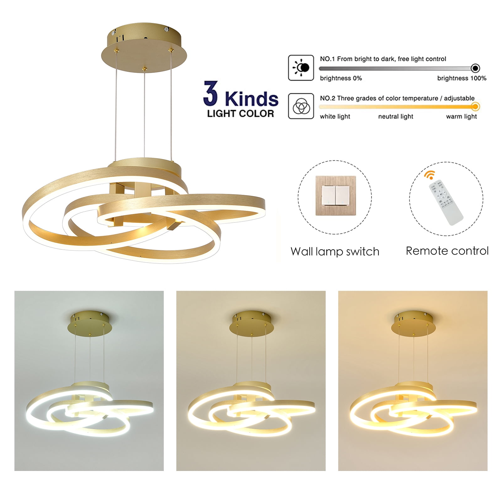 Modern 3-Ring Wave Dimmable Kitchen Island LED Chandelier Light with Remote Control,Height Adjustable Pendant Light Hanging Ceiling Light Fixture Gold/Silver
