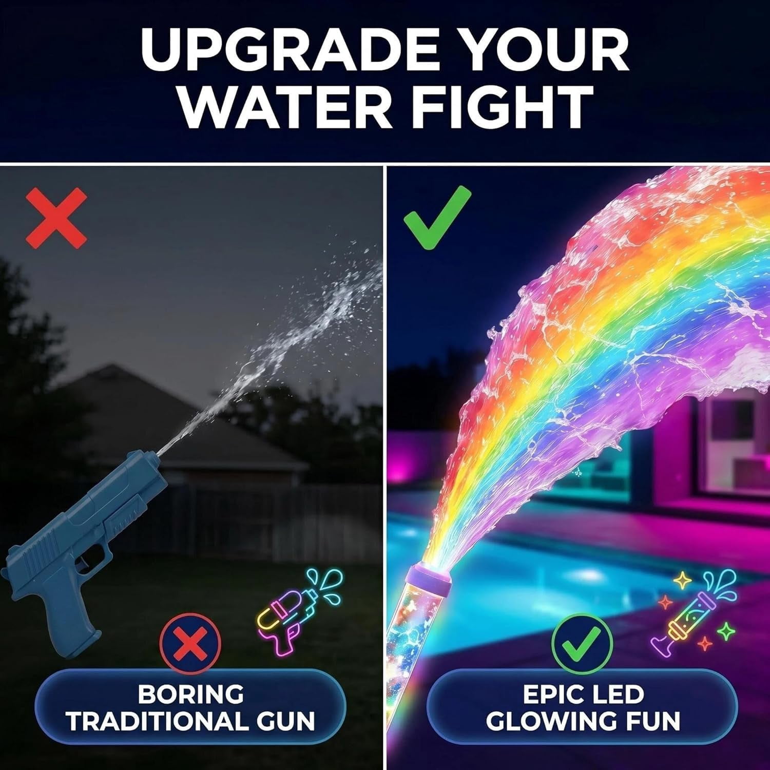 Glowing Rainbow LED Water Blaster, Summer Fun that Pops Like Magic, Creativity Squirt Water Blaster Guns, Fireworks Water Gun for Pool Party