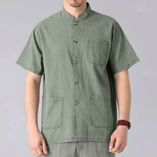 pstuiky Camisa de manga corta para hombre, Camisas casuales de color sólido para hombre, con botones sueltos, múltiples bolsillos, manga corta y cuello alto ropa de hombre xl
