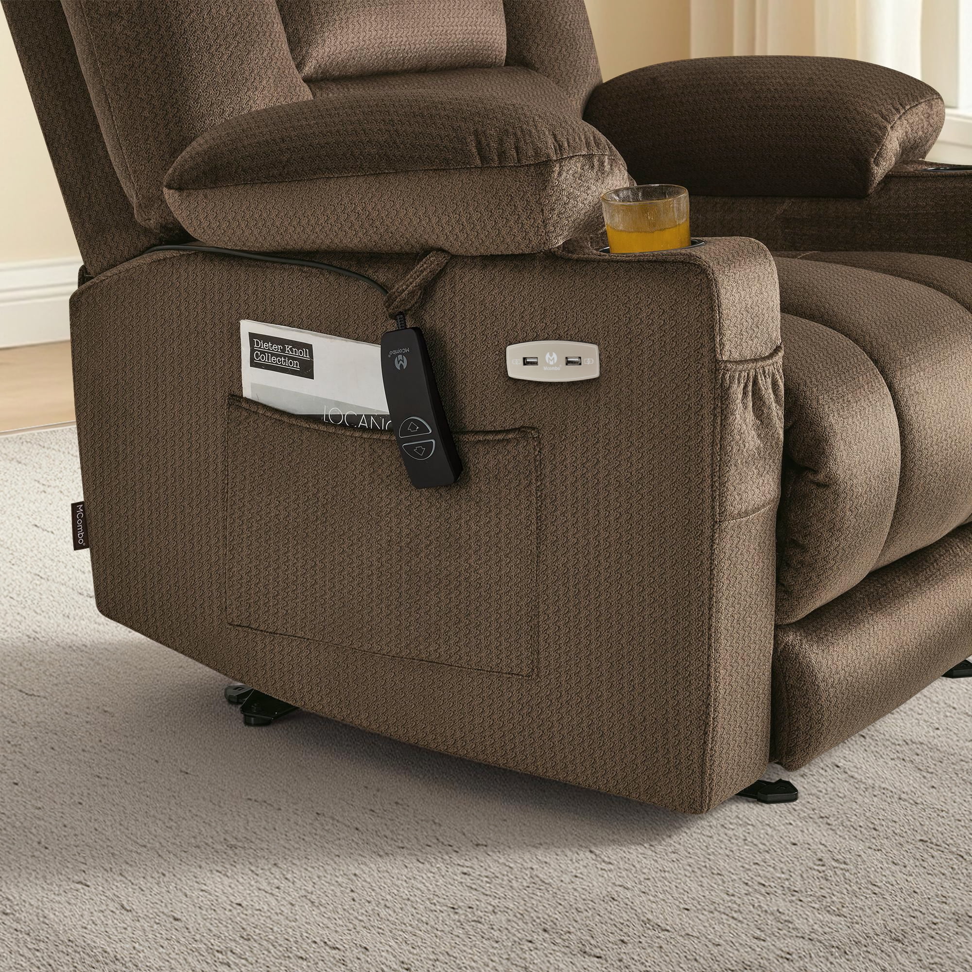 MCombo Electric Power Recliner Chair w/ Massage USB Cup Holders for Living Room Brown Fabric 6079