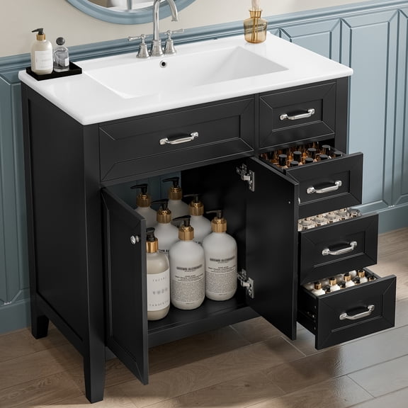 36-inch bathroom vanity with sink combination, black bathroom cabinet with drawers, ample storage space, solid frame and MDF, durable