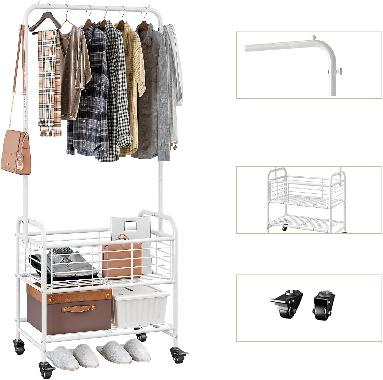 Laundry Basket with Wheels Rolling Laundry Hamper Laundry Sorter Cart Shelf Hanging Rack,White