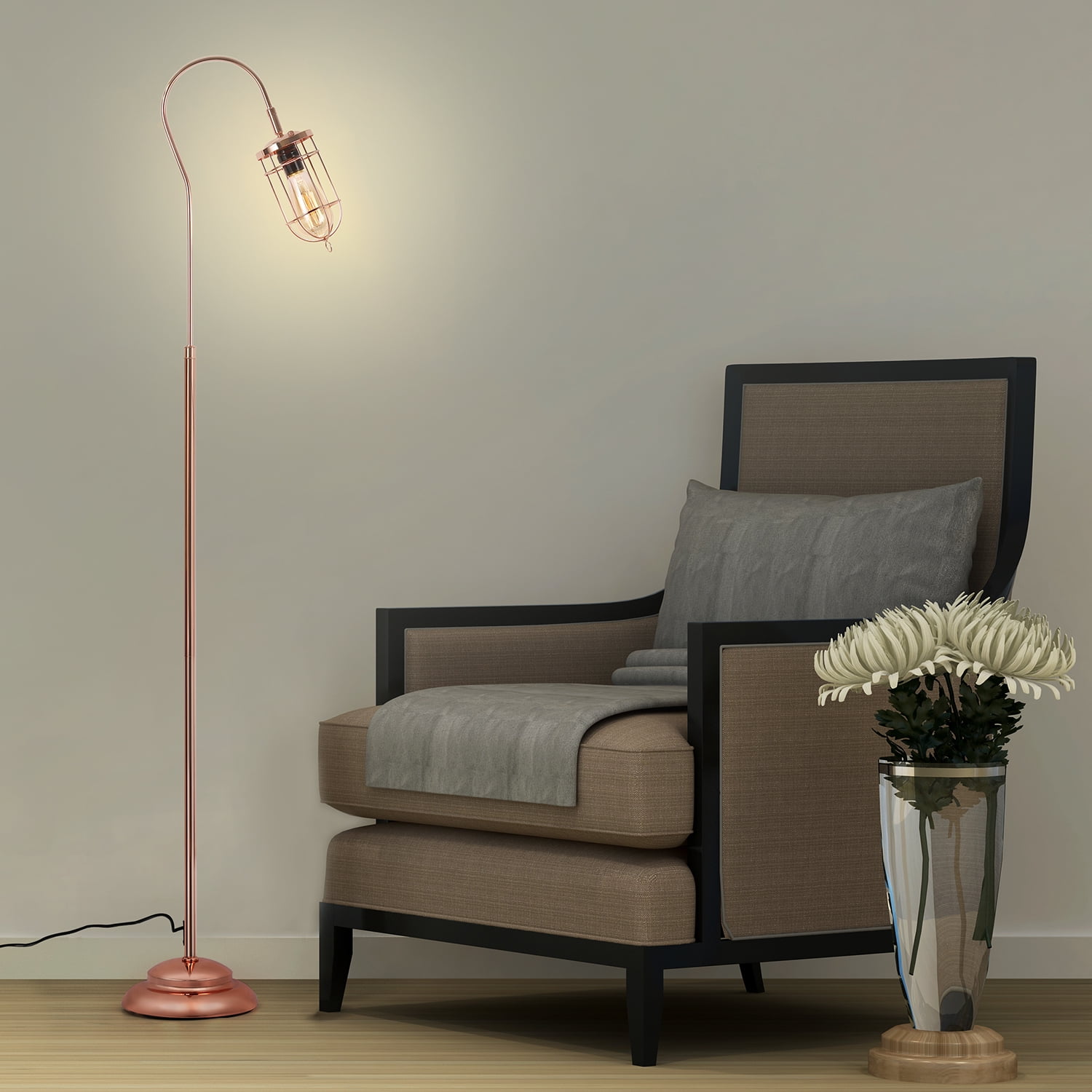 Industrial Floor Lamp with Adjustable Cage Shade, Rustic Floor Lamp, Lantern Floor Lamp for Living Room, Bedroom, Office