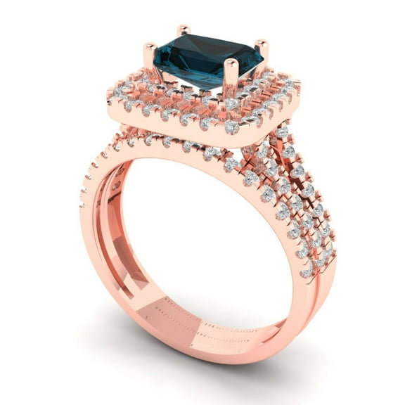 3.05ct Brilliant Emerald Cut Natural London Blue Topaz 14K Rose Gold Halo Solitaire with Accents Engagement Bridal Wedding Ring Band Set size 6.25
