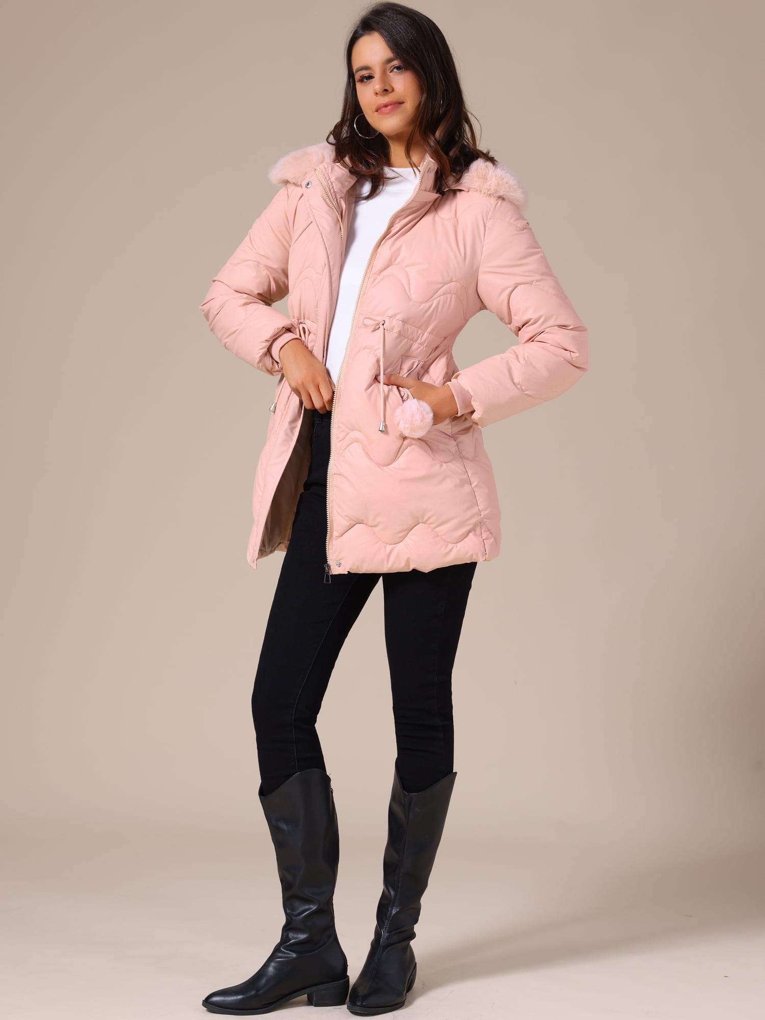 DARING DIVA Women's Drawstring Waist Removable Hooded Parka Jacket M Pink