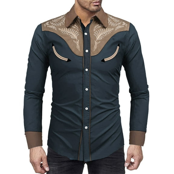 XIAONU Mens Floral Embroidered Shirt Slim Long Sleeve Western Collar Button Down Smooth Retro Outdoor Shirts Blouses