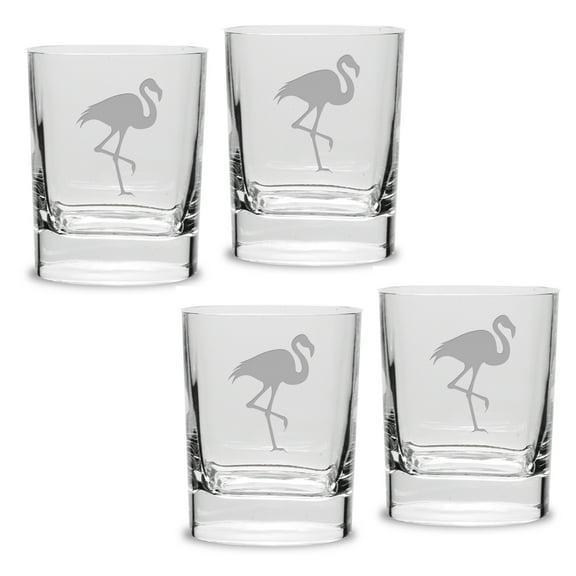 Flamingo Deep Etched Luigi Bormioli 11.75 oz Square Round Double Old Fashion Glass Set of 4