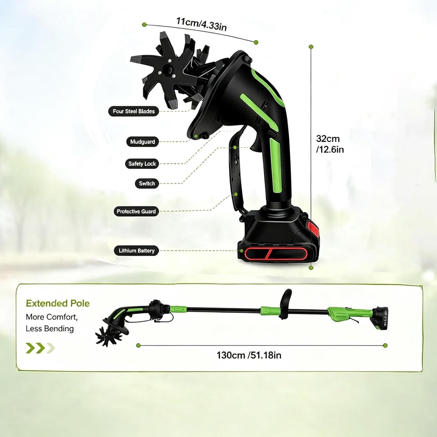 24V 2-in-1 Cordless Tiller & Cultivator with Extension Pole, 2×4.0Ah Batteries Electric Garden Rototiller, Handheld Soil Cultivator for Weeding Trenching Lawn Care (2 * 24V+Rod)
