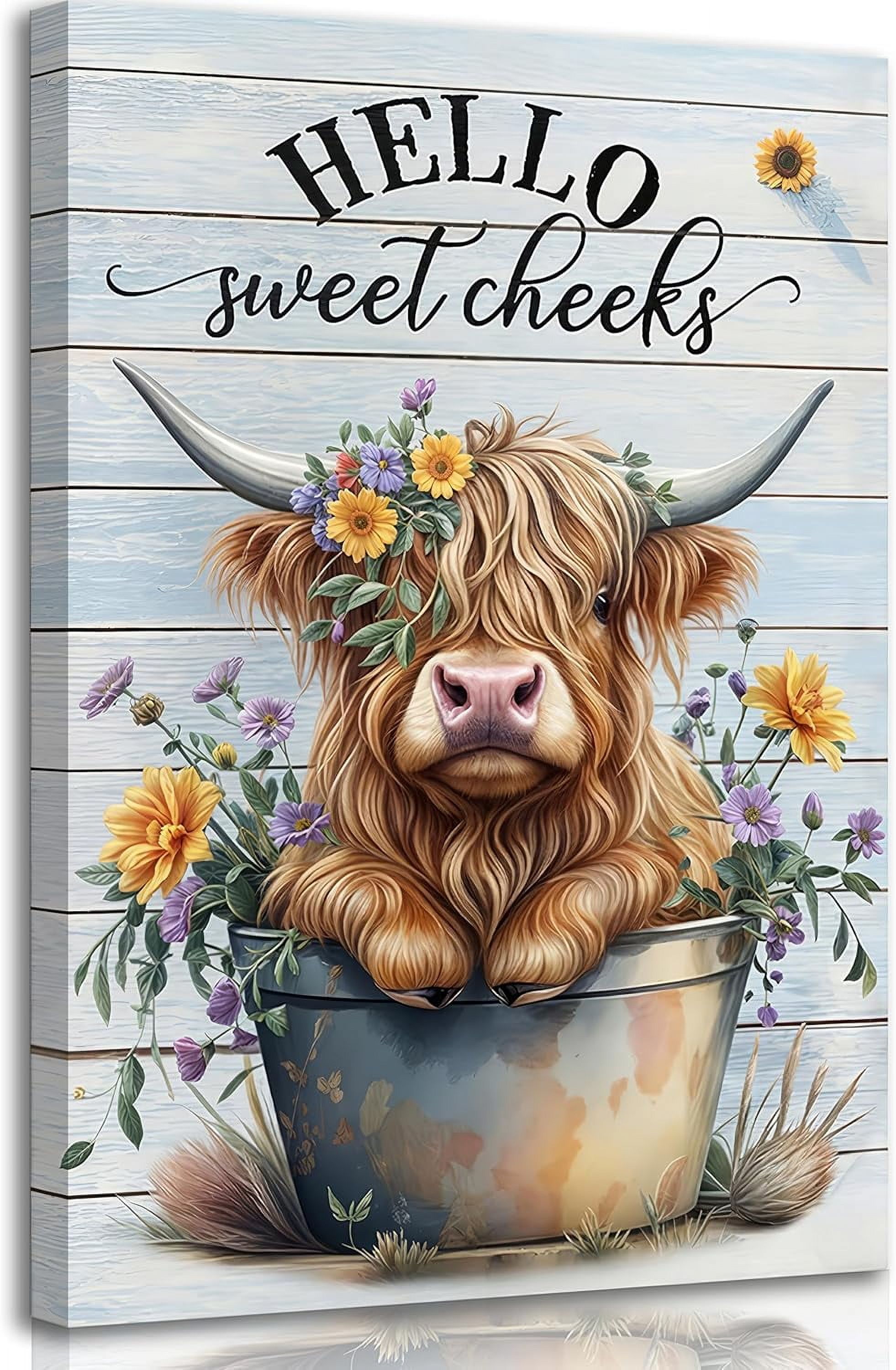 WFSposter Funny Highland Cow Bathroom Canvas Wall Art Farmhouse Cute Cow Painting Picture Wall Decor Colour Flowers Highland Cattle Animals Poster Print Artwork for Bathroom Restroom Home Decor