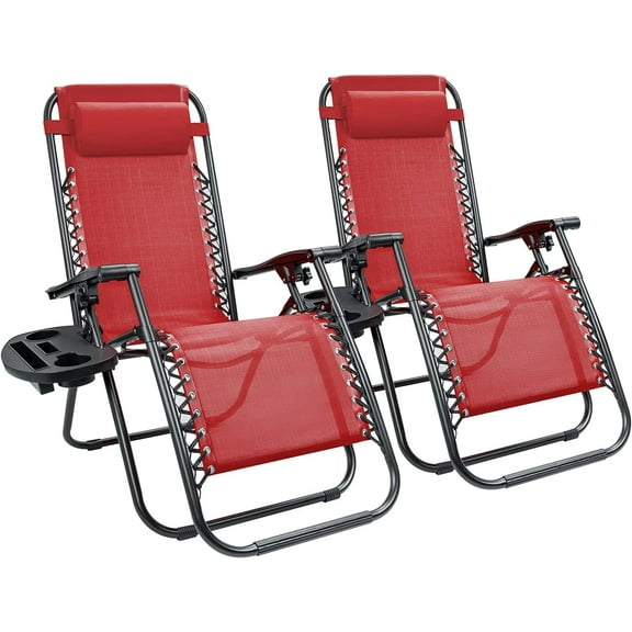 Kemon Zero Gravity Folding Lounge Outdoor Patio Adjustable Reclining Chair with Pillows and Cup Holders for Beach Set of 2, Red