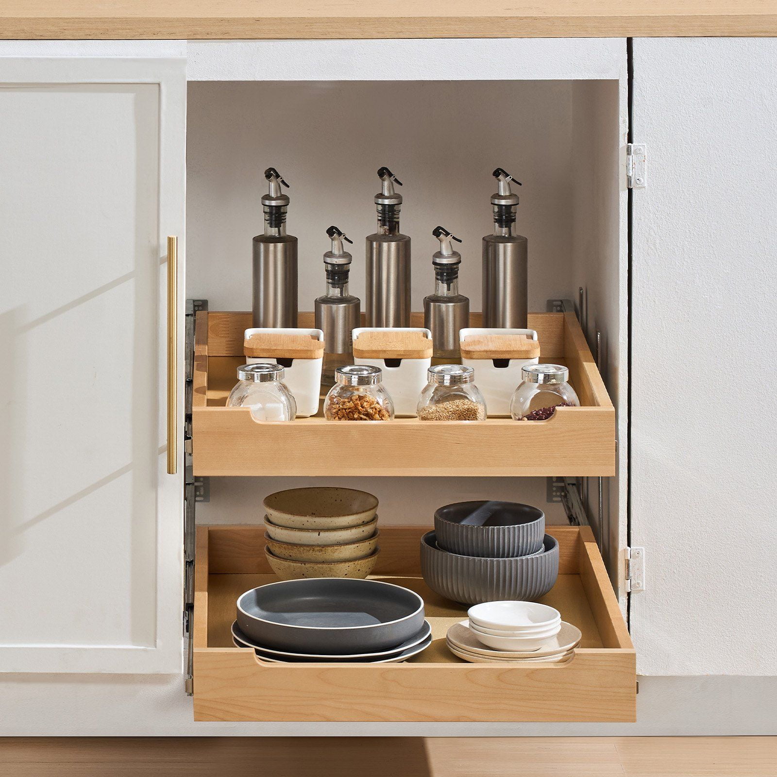 2 Tier Pull Out Cabinet Organizer with Soft Close Slides, Solid Birch Wood Drawer 20"W x 21"D, Adjustable Height Kitchen Storage Drawer for Base Cabinets, Under Sink & Pantry Organization