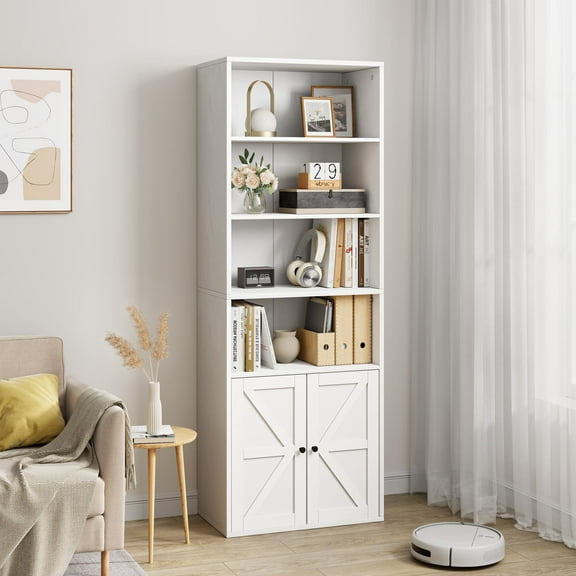 Farmhouse Bookcase with Doors 71.4in Tall Bookshelf 11.8in Depth Display Storage Shelves Industrial Bookcases Wooden 6 Shelf Bookshelves for Bedroom, Living Room, Home Office