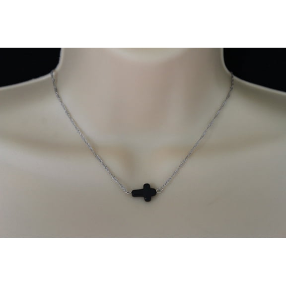 Women Fashion Short Necklace Thin Silver Metal Chain Black Cross Charm Pendant